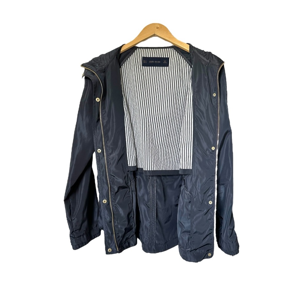 Zara Navy Blue Rain Jacket Hooded Full Zip Gold Tone Zippers & Snaps Size Medium - Picture 12 of 16